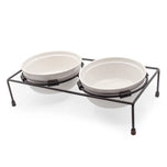 ThoozyPet White Stoneware Double Diner Bowls with Iron Stand