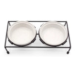ThoozyPet White Stoneware Double Diner Bowls with Iron Stand